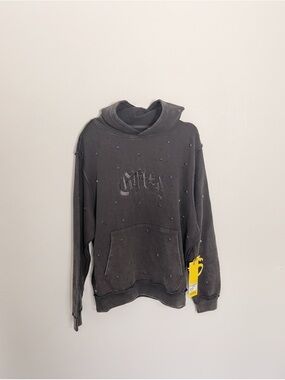 Black Distressed Pullover Hoodie with Subtle Logo